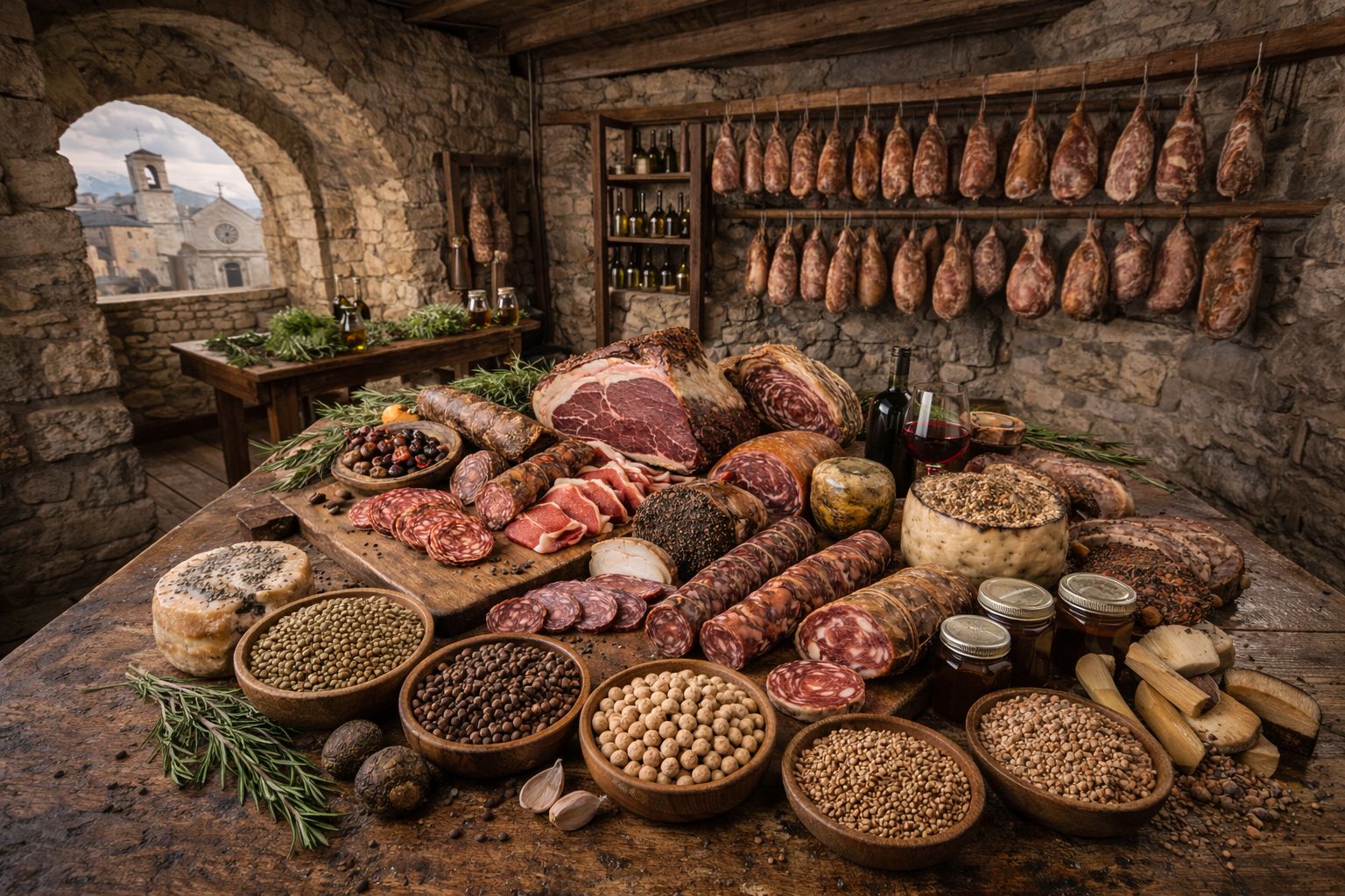 tavolata con i prodotti di norcia in stanza rustica orizzontale ia